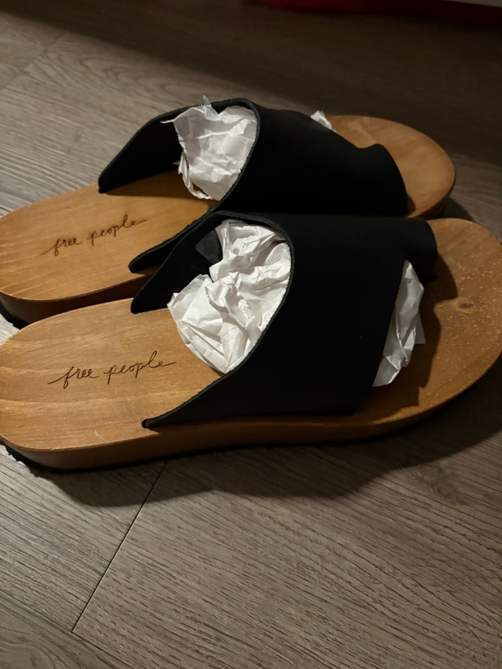 Free People Black Slide Sandals with Wood-Tone Footbed